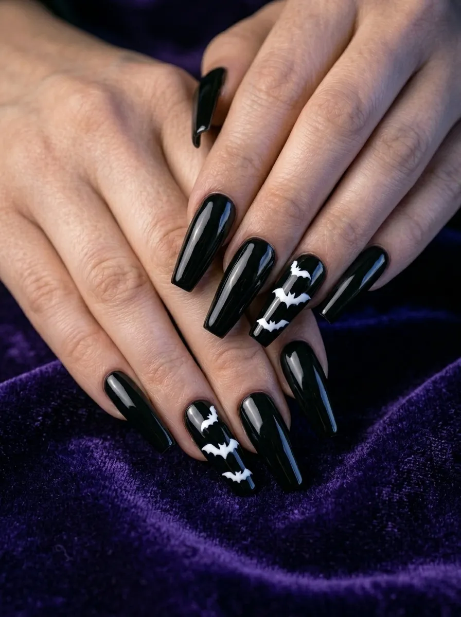 Coffin Nails with Bat Silhouette Accents