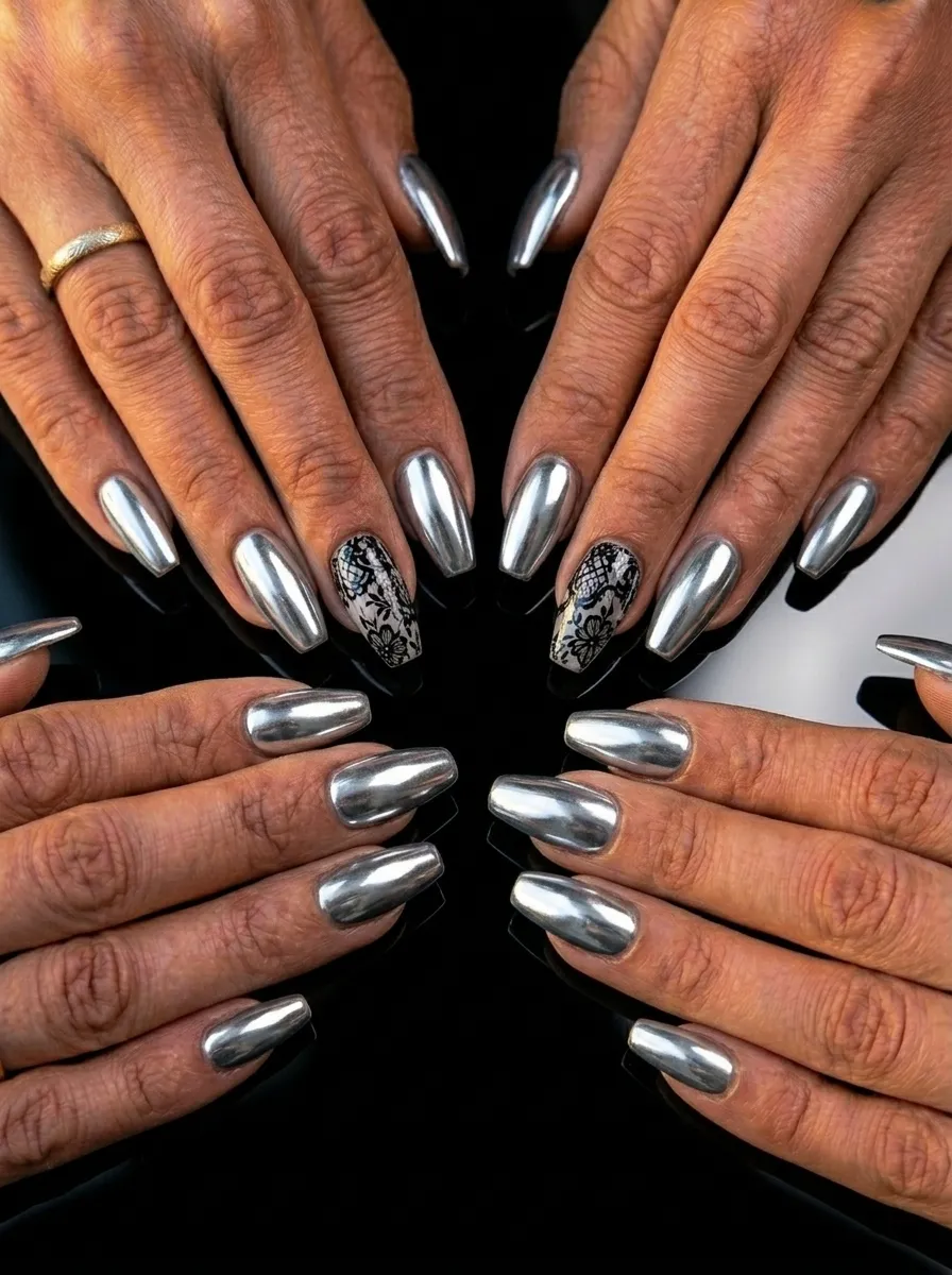 Silver Chrome Nails With Black Detailing