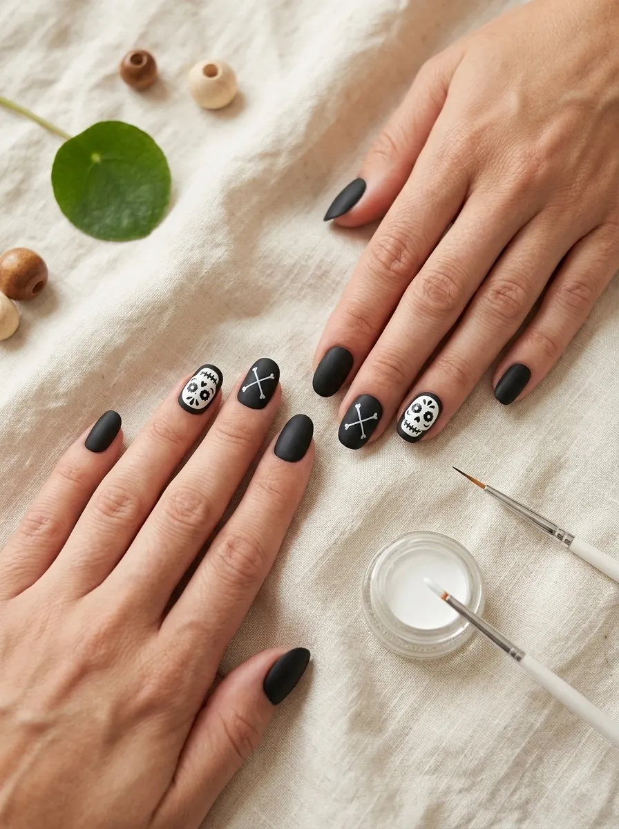 Classic Black and White Sugar Skull Nails