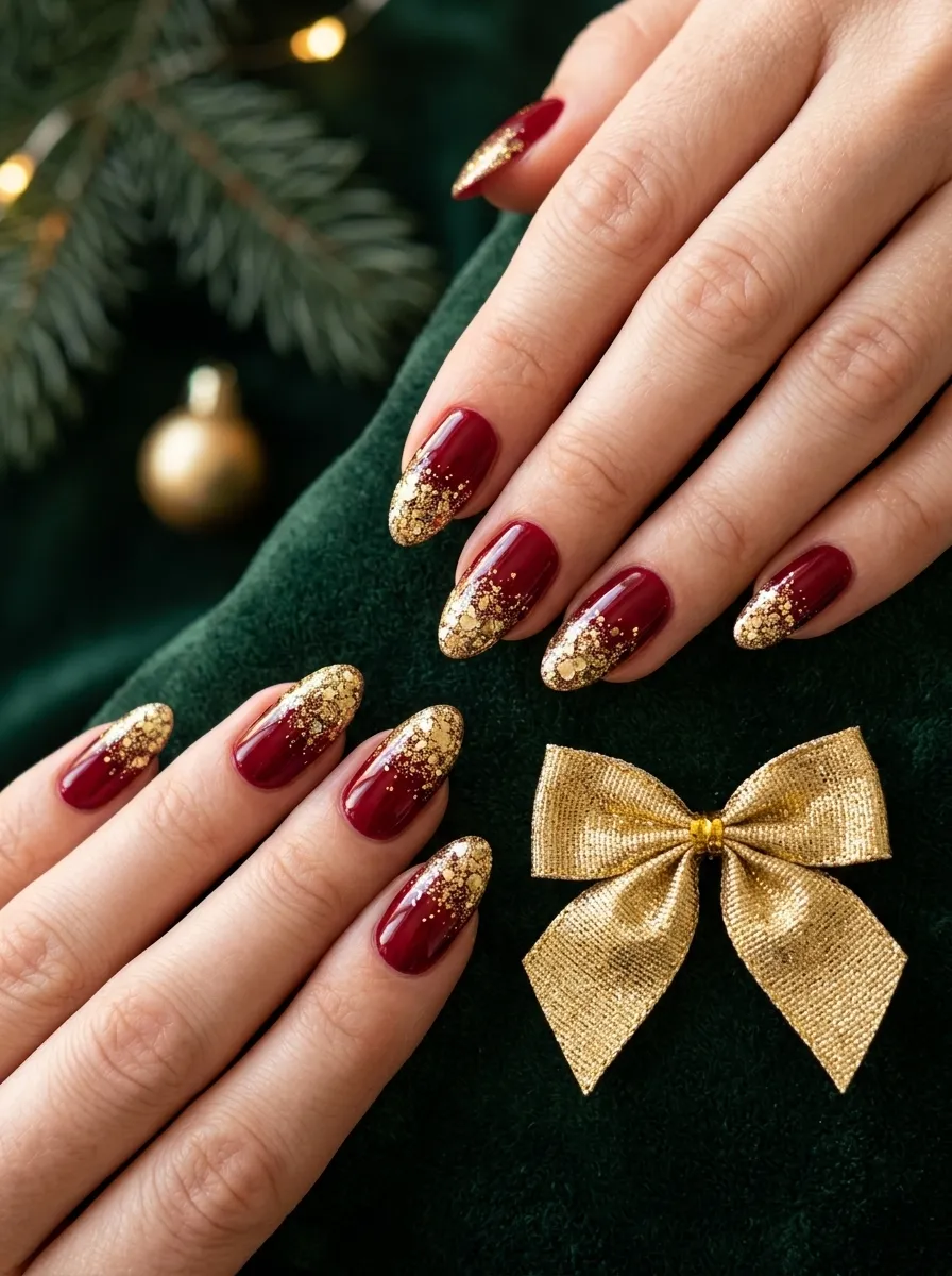Classic Red and Gold Glitter Nails