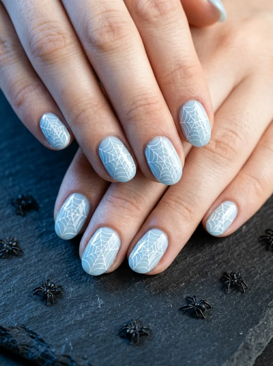 Spider Web Nails on Pale Blue