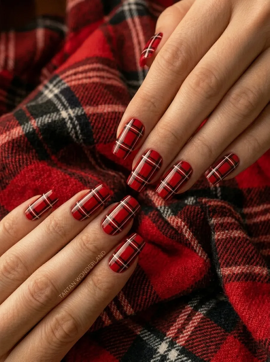 Red Plaid Tartan Nails