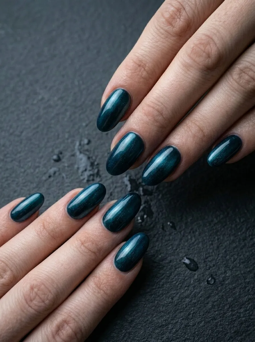 Dark Teal Nails With Pearl Finish