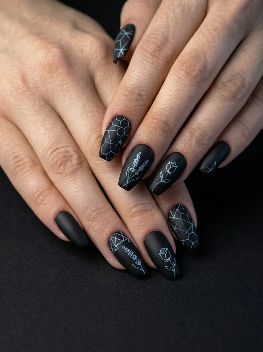 Matte Black Nails With Blue Outlined Details