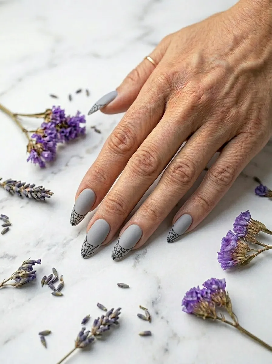 Spiderweb Tips on Almond Nails