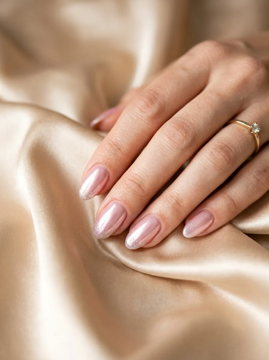 Pink Chrome Nails With Subtle Glitter Tips