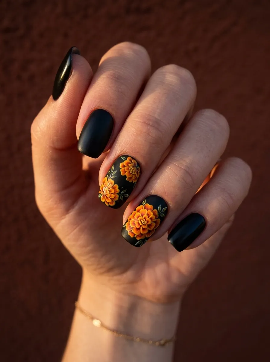 Marigold Flower Accent Nails