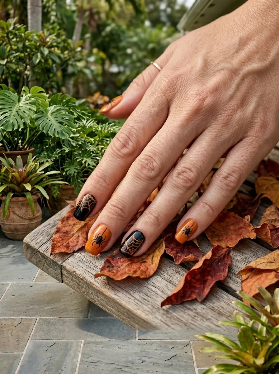 Orange and Black Halloween Spider Nails