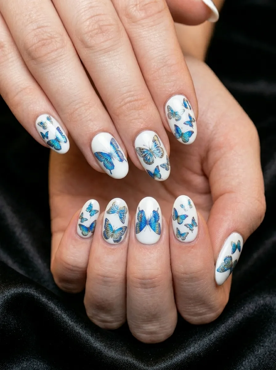 Icy White Nails With Blue Butterfly Foil