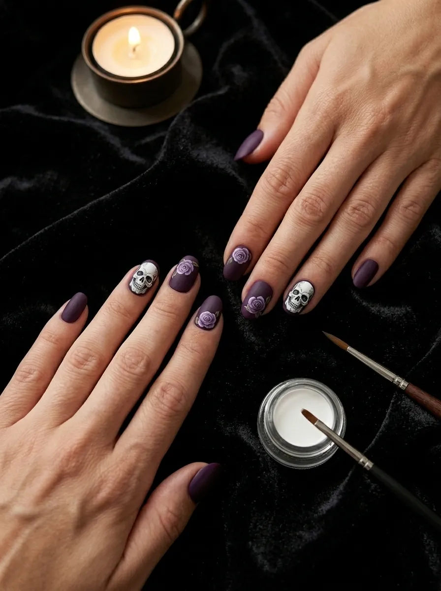 Deep Purple Gothic Skull Nails