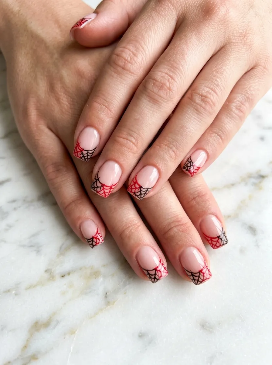Red and Black Spider Web French Tips