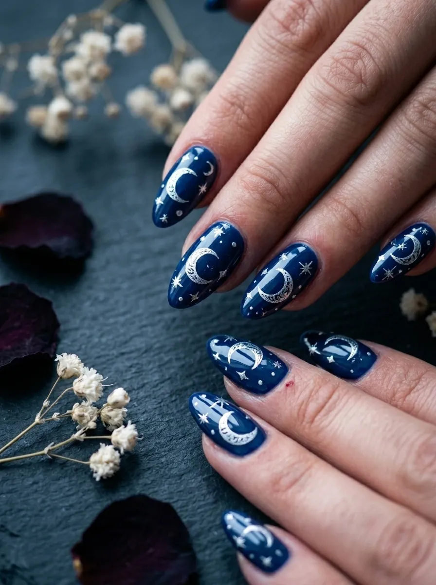 Midnight Blue Nails With Silver Crescent Moons