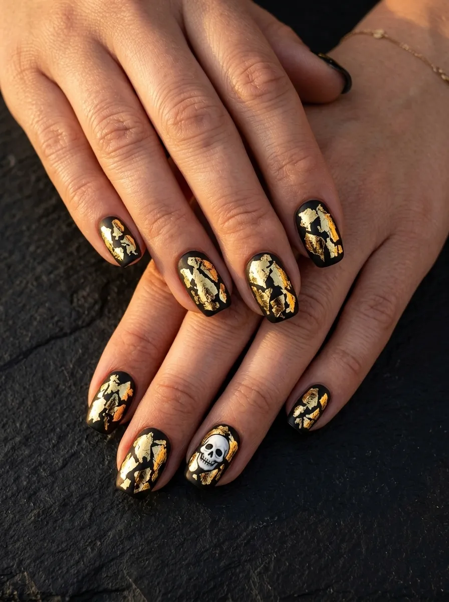 Gold Foil and Skull Detail Nails