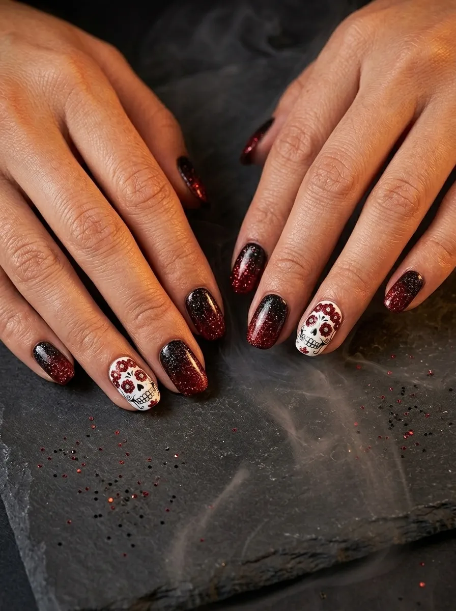 Glitter Ombre with Sugar Skull Ring Finger