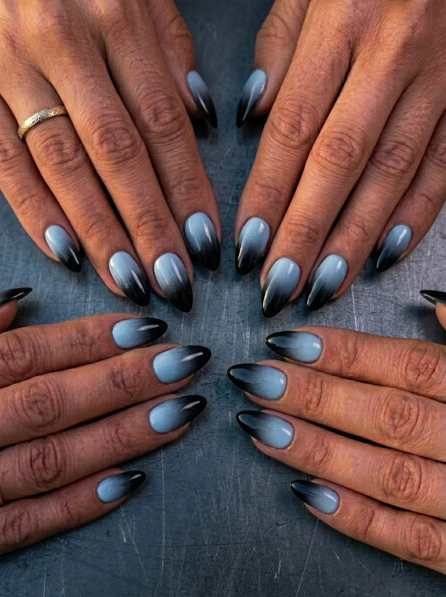 Blue Ombre Nails Fading Into Black