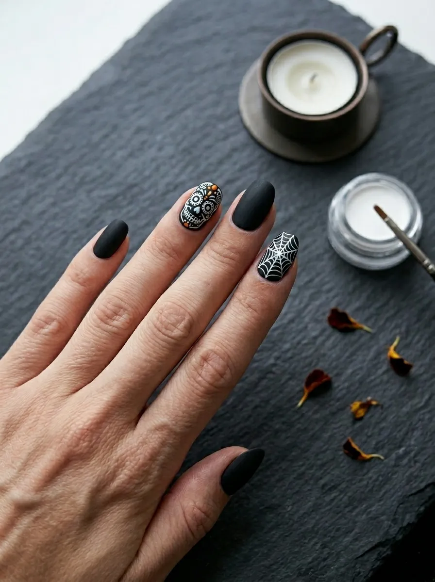 Spider Web and Skull Combo Nails