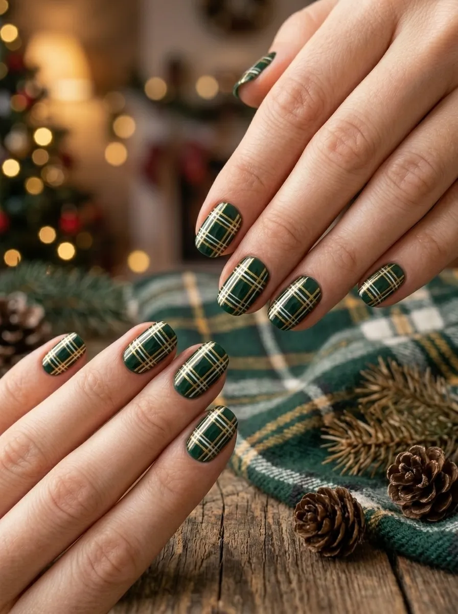 Green and Gold Plaid Nails