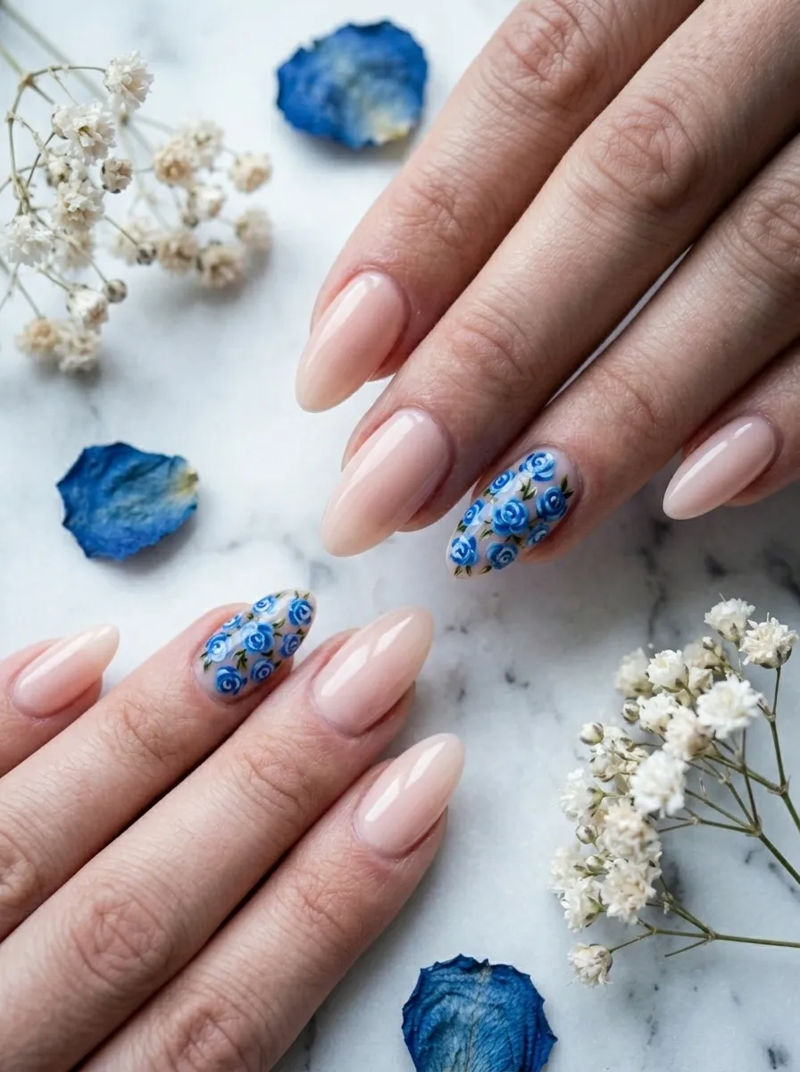 Tiny Blue Rose Details on Nude Base