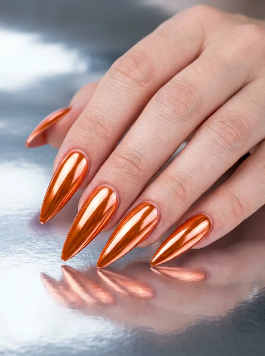 Baby Pink and Orange Chrome Nails