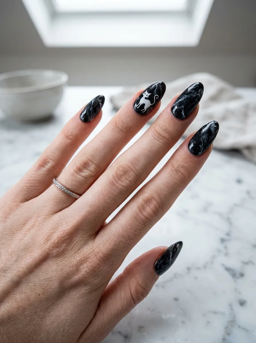 Black Cat Marble Nails