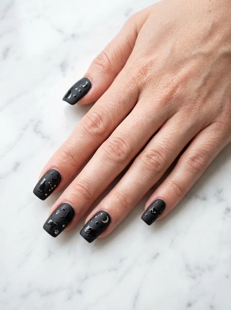 Black Cat Mixed Media Nails (Stickers + Polish)
