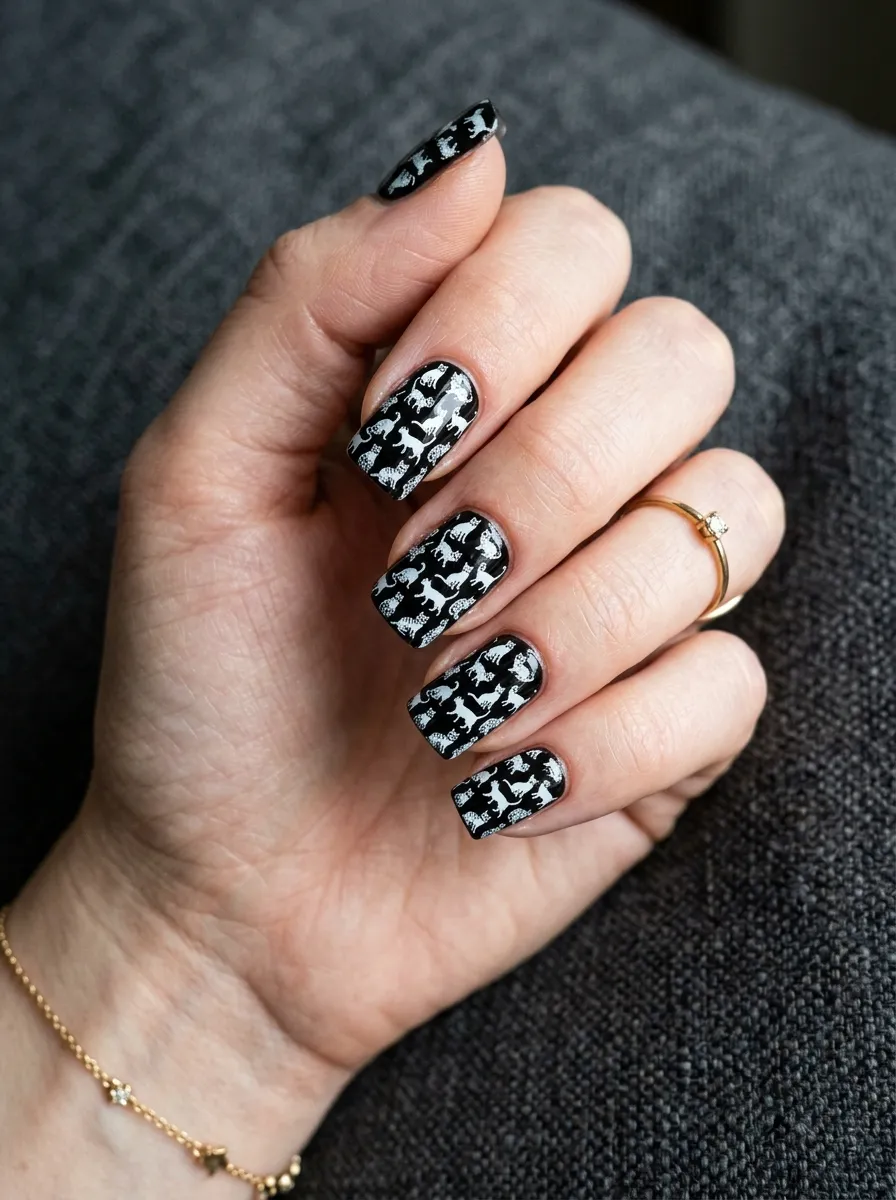 Black Cat Stamped Nails with Full Pattern