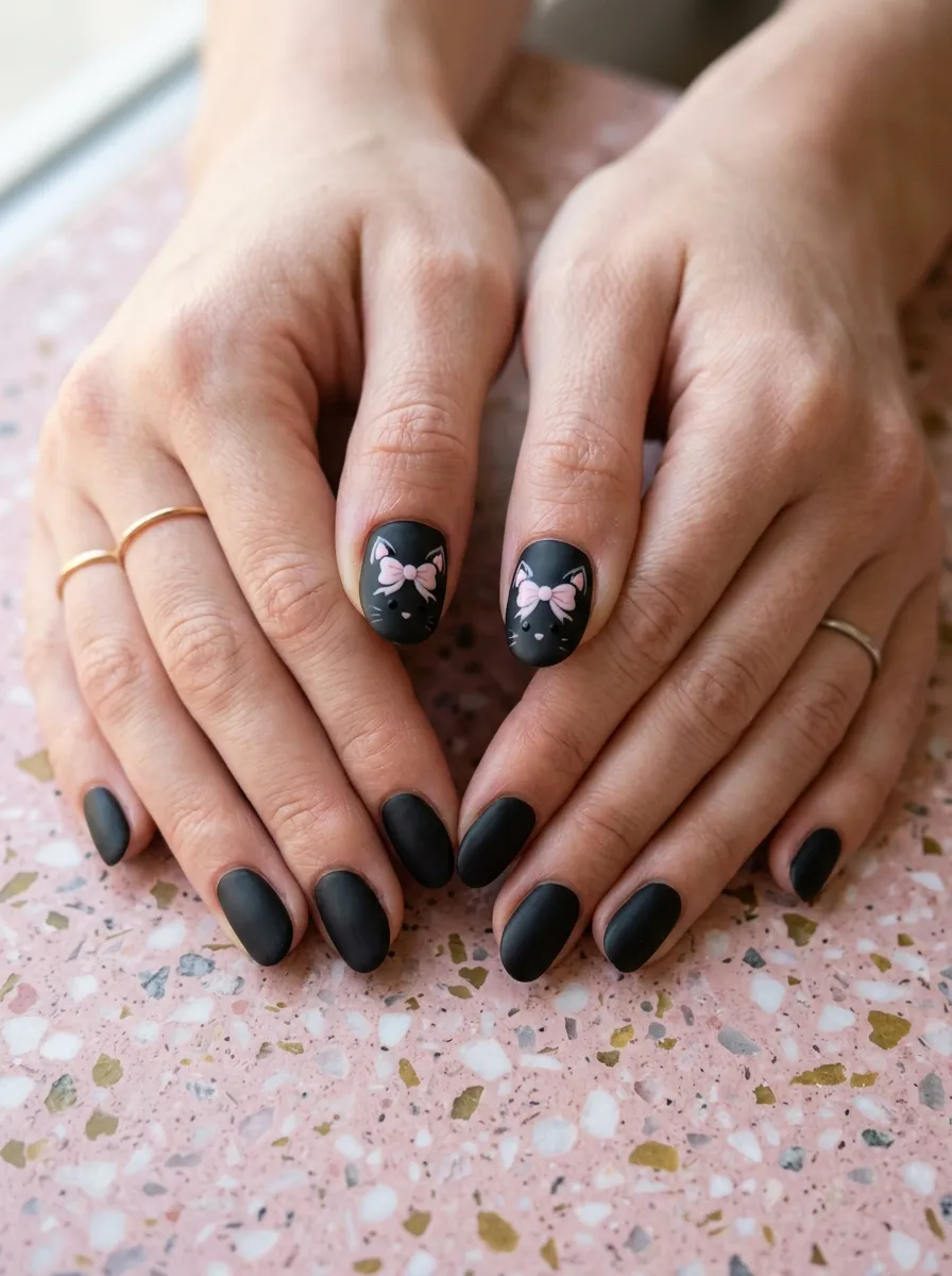 Black Cat with a Bow Nails