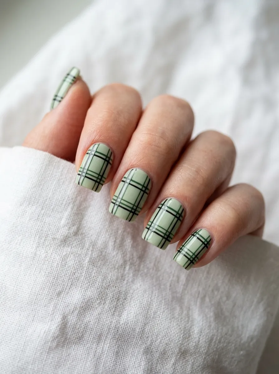 Black and Green Plaid Nails