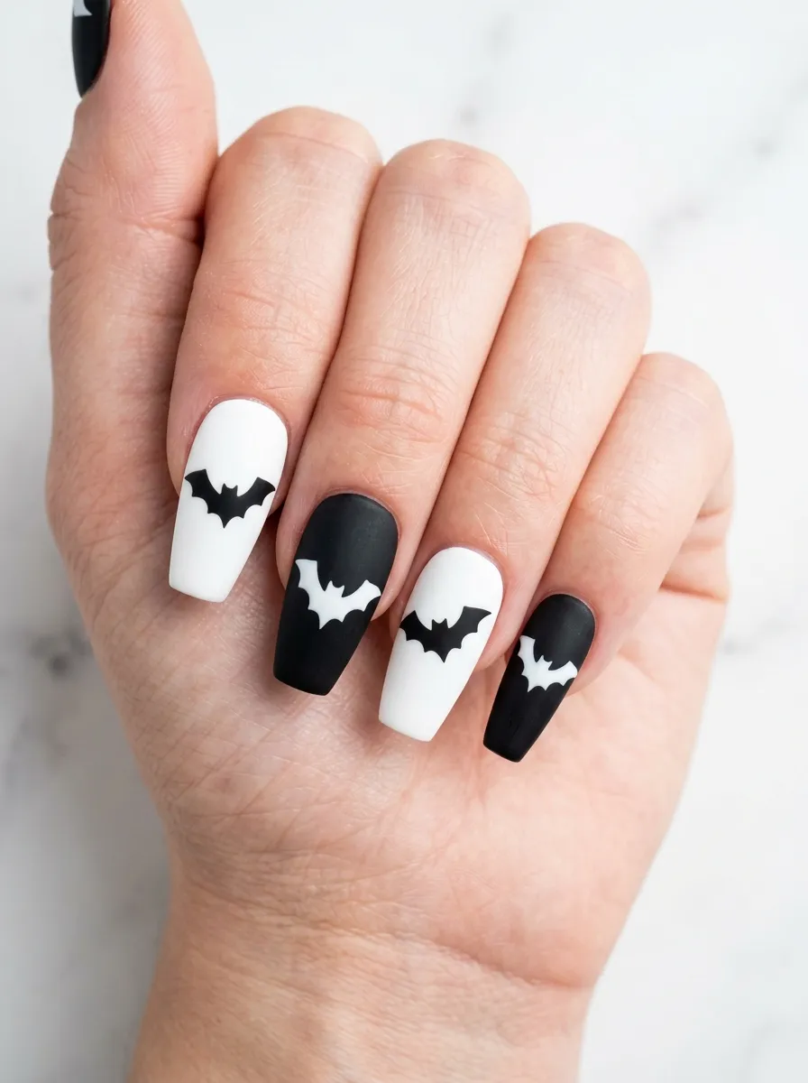 Black and White Graphic Bat Nails