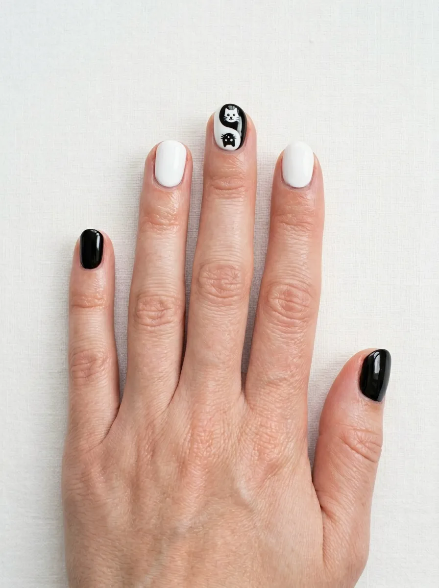 Black and White Yin-Yang Cat Nails
