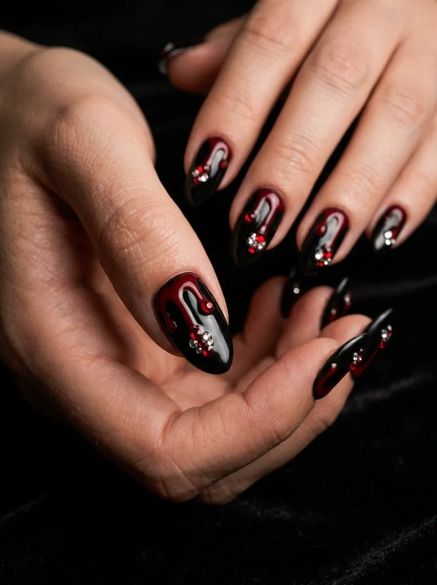 Blood Drip Nail Art With Gemstones