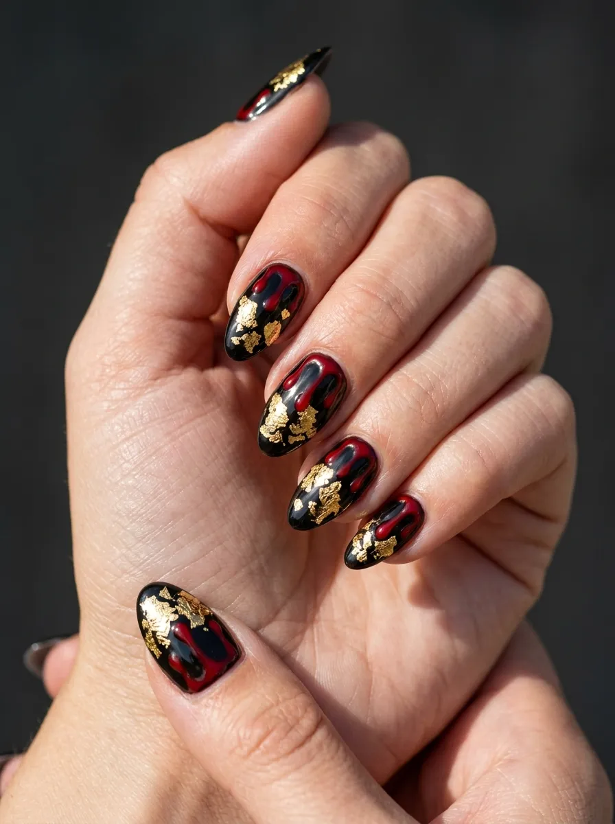 Blood Drip Nails With Gold Foil
