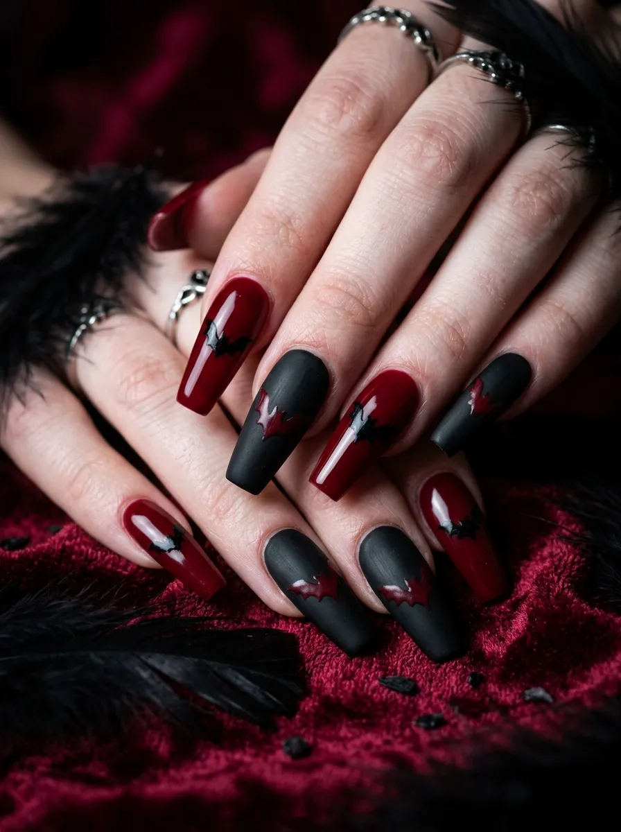 Blood Red and Black Bat Nails