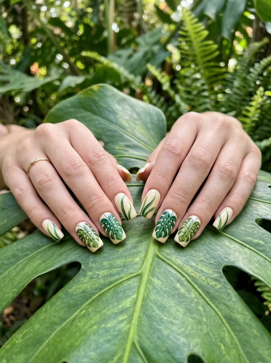 Botanical Leaf Nails in Green Tones