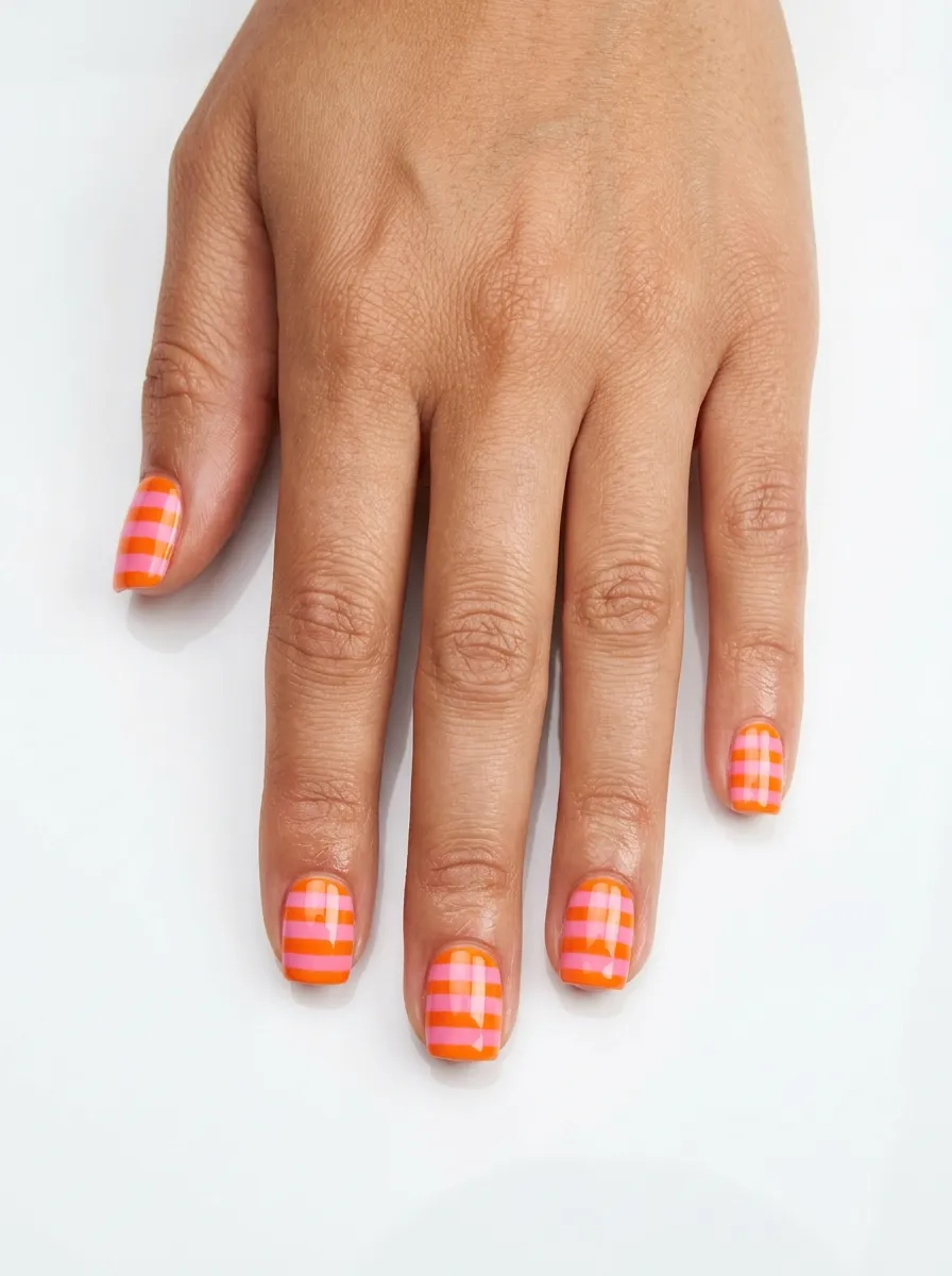 Candy Pink and Tangerine Stripe Nails