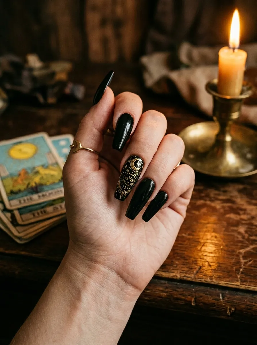 Celestial Black Cat Nails with Tarot Card Energy