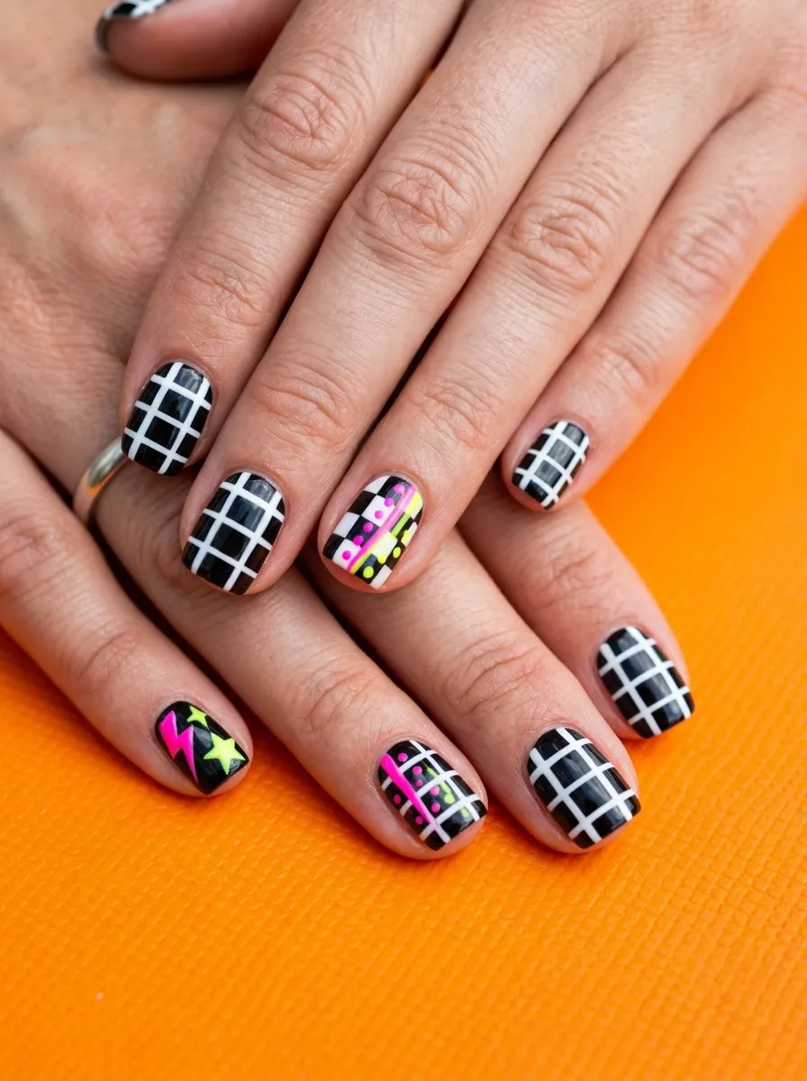 Checkerboard Nails with Neon Accents