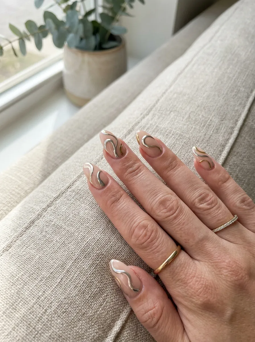 Chrome Swirl Nails on a Nude Base