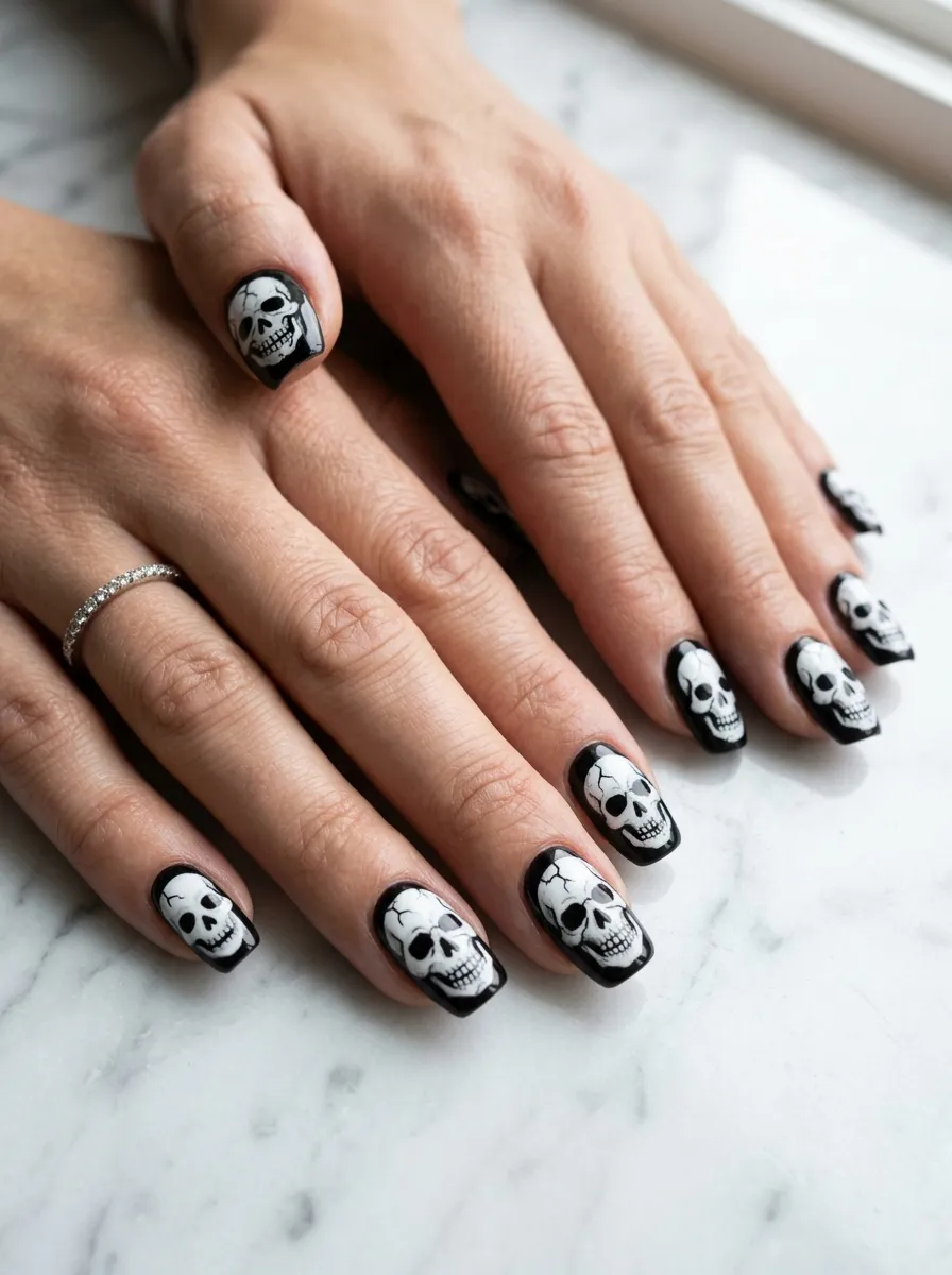 Classic Black and White Skull Nails