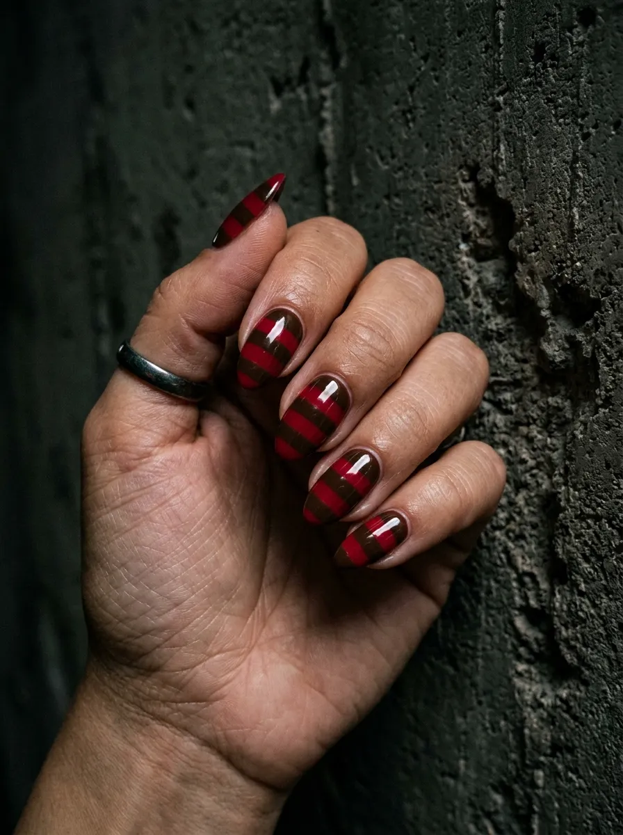 Classic Red and Brown Striped Nails