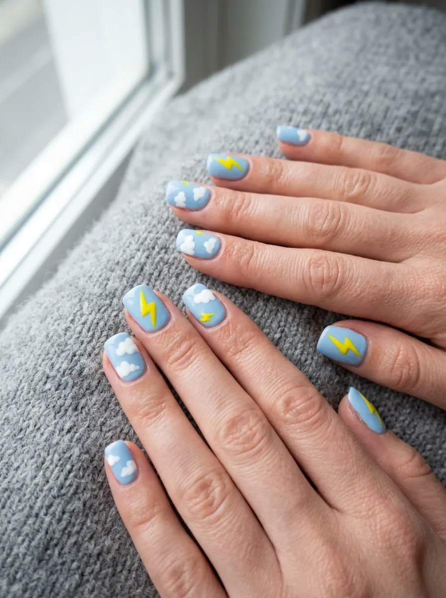 Cloud and Lightning Bolt Nails