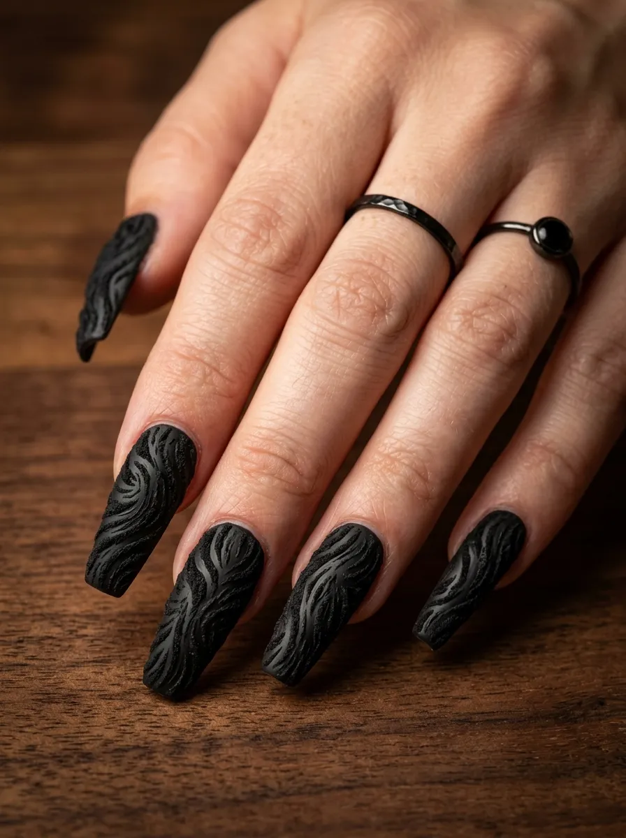 Coffin Nails with Embossed Black Cat Texture