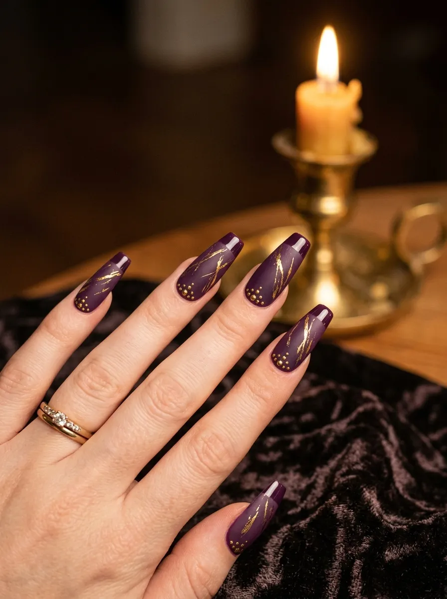 Coffin-Shaped Purple Nails with Gold Accents