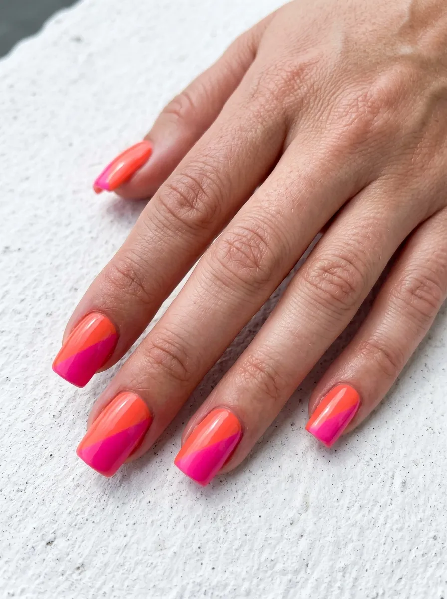 Coral and Hot Pink Split Nail Design
