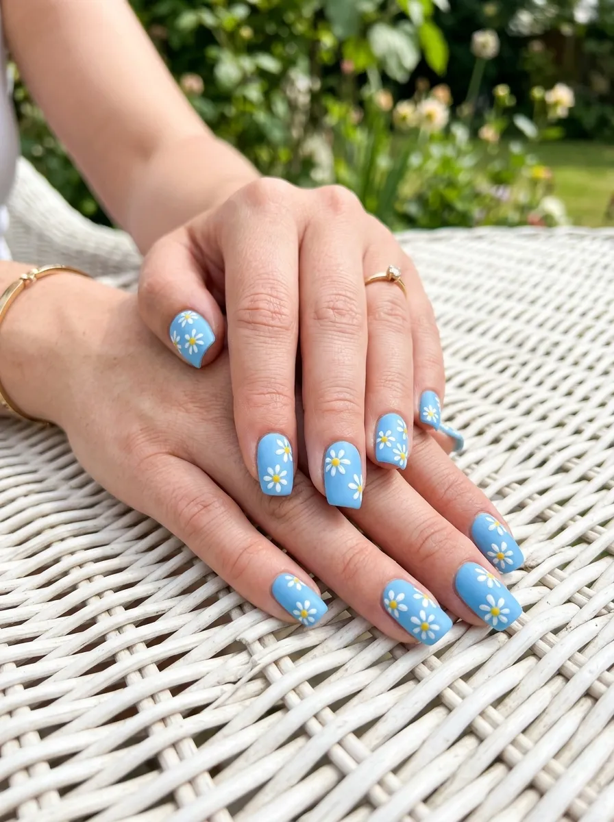 Daisy Chain Nail Art on Sky Blue