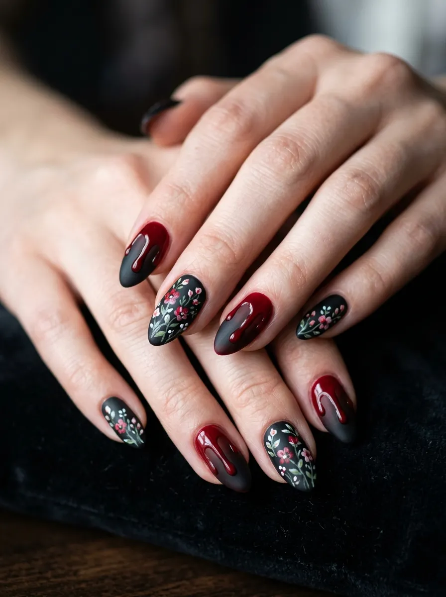 Floral Blood Drip Nails