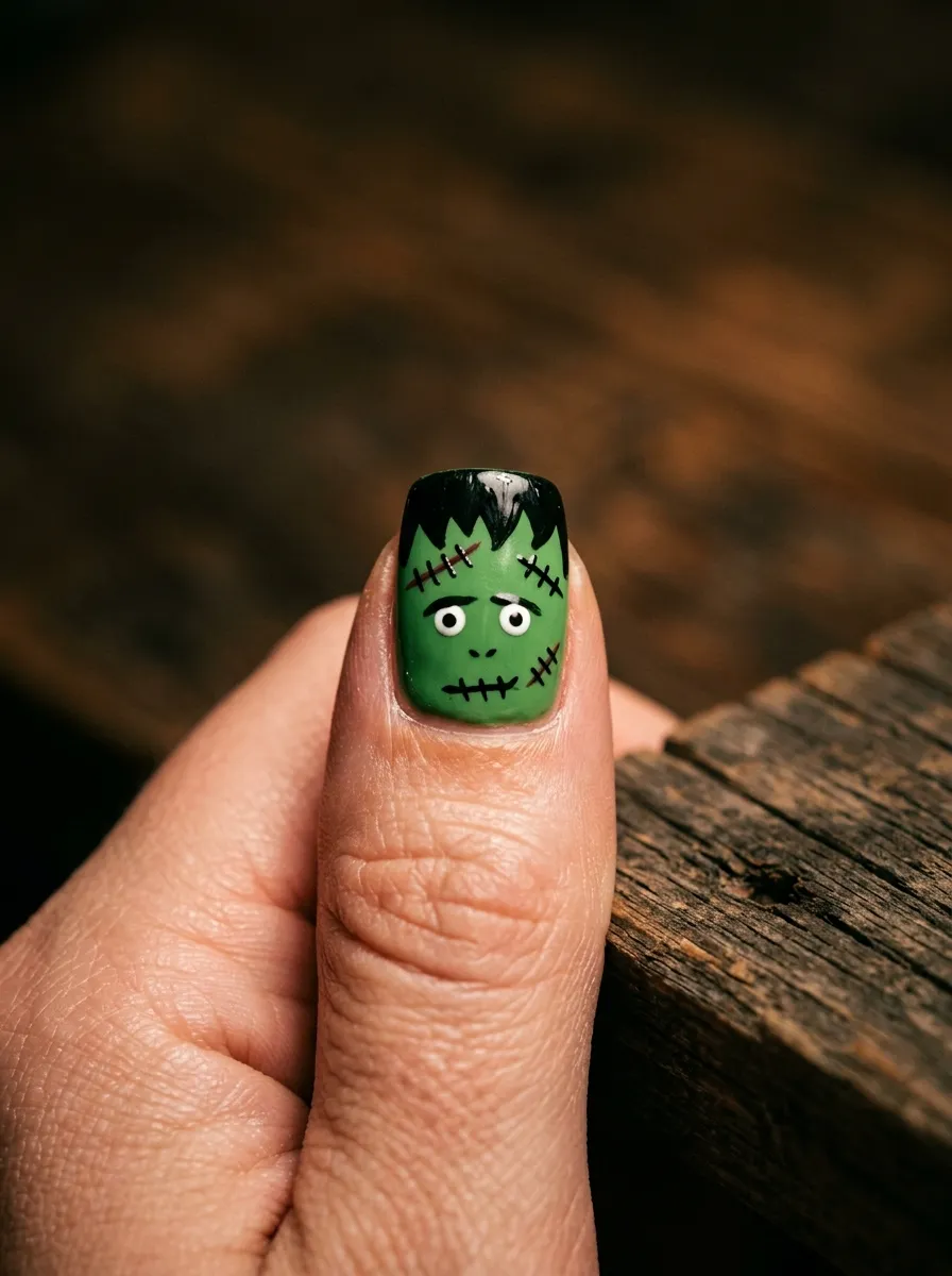 Frankenstein Face Nail Art