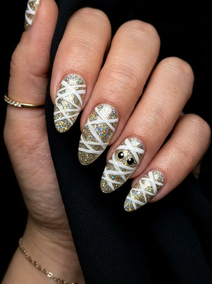 Glitter Mummy Nails for a Glamorous Halloween Look