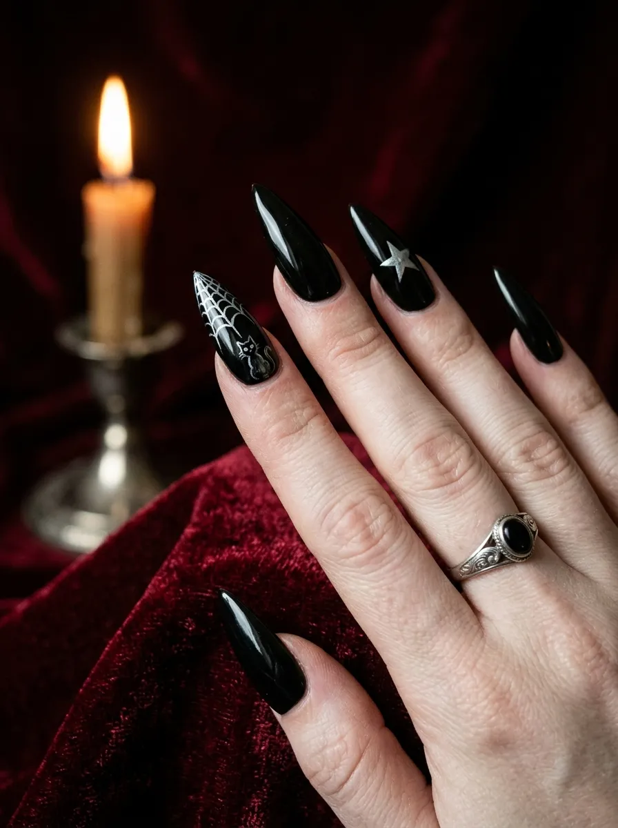 Gothic Black Cat with Silver Spider Web Accent