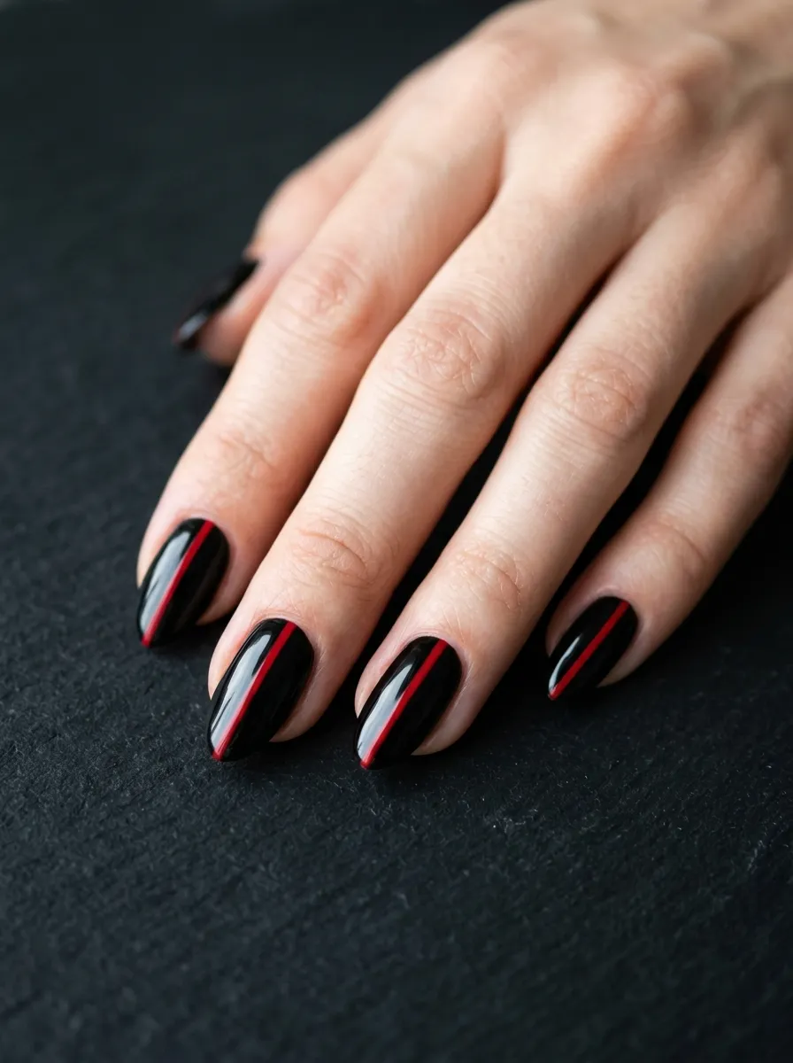Gothic Black with Red Stripe Nails